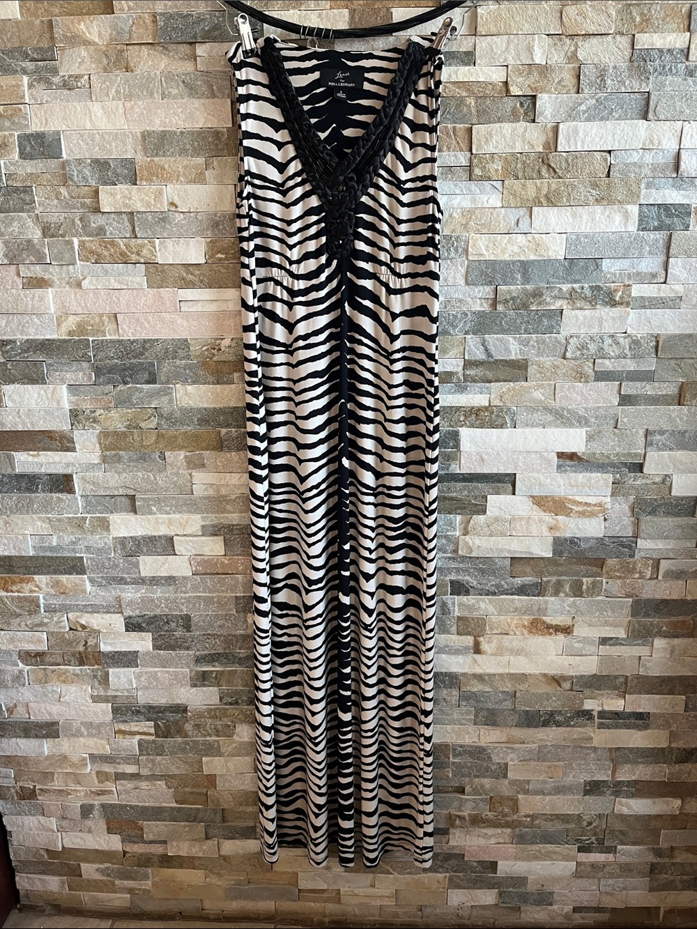 Lennie for NINA LEONARD Zebra  Stripe Maxi Dress with Crochet V-Neck